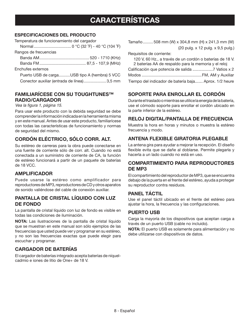 Características | Ryobi P745 User Manual | Page 34 / 44