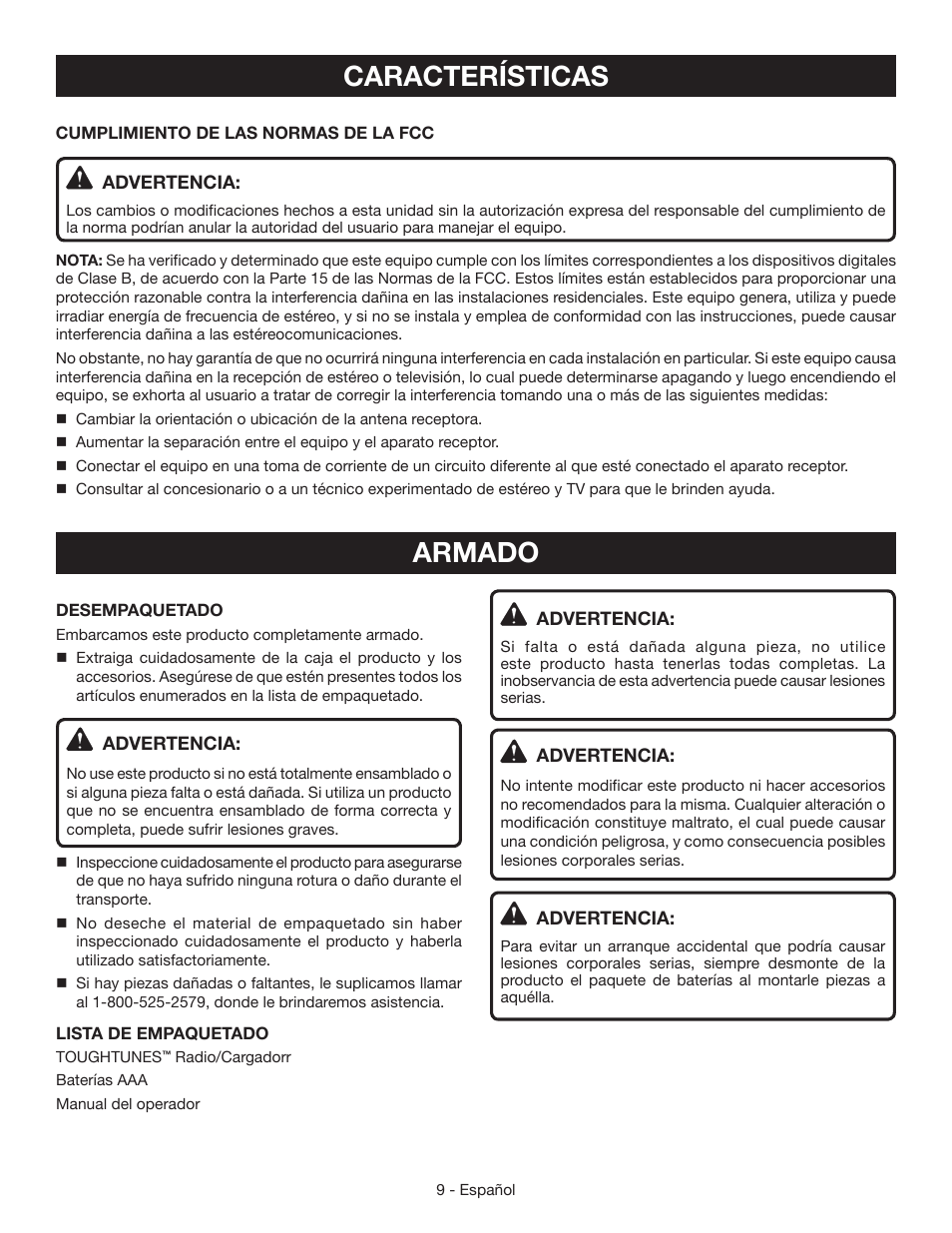 Armado, Características | Ryobi P745 User Manual | Page 35 / 44