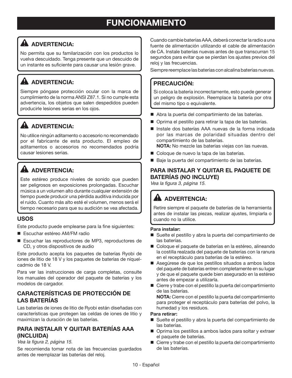 Funcionamiento | Ryobi P745 User Manual | Page 36 / 44