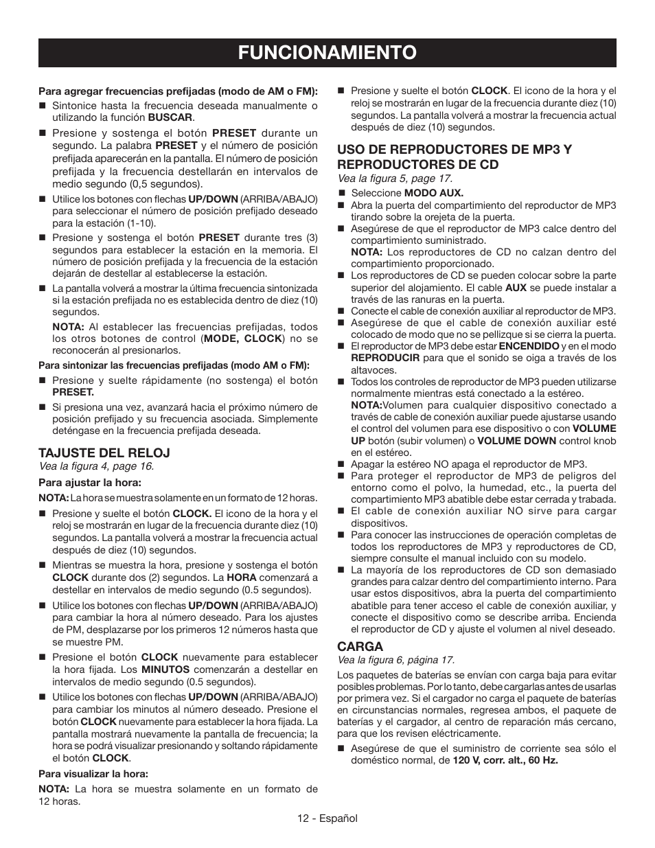 Funcionamiento, Tajuste del reloj, Uso de reproductores de mp3 y reproductores de cd | Carga | Ryobi P745 User Manual | Page 38 / 44