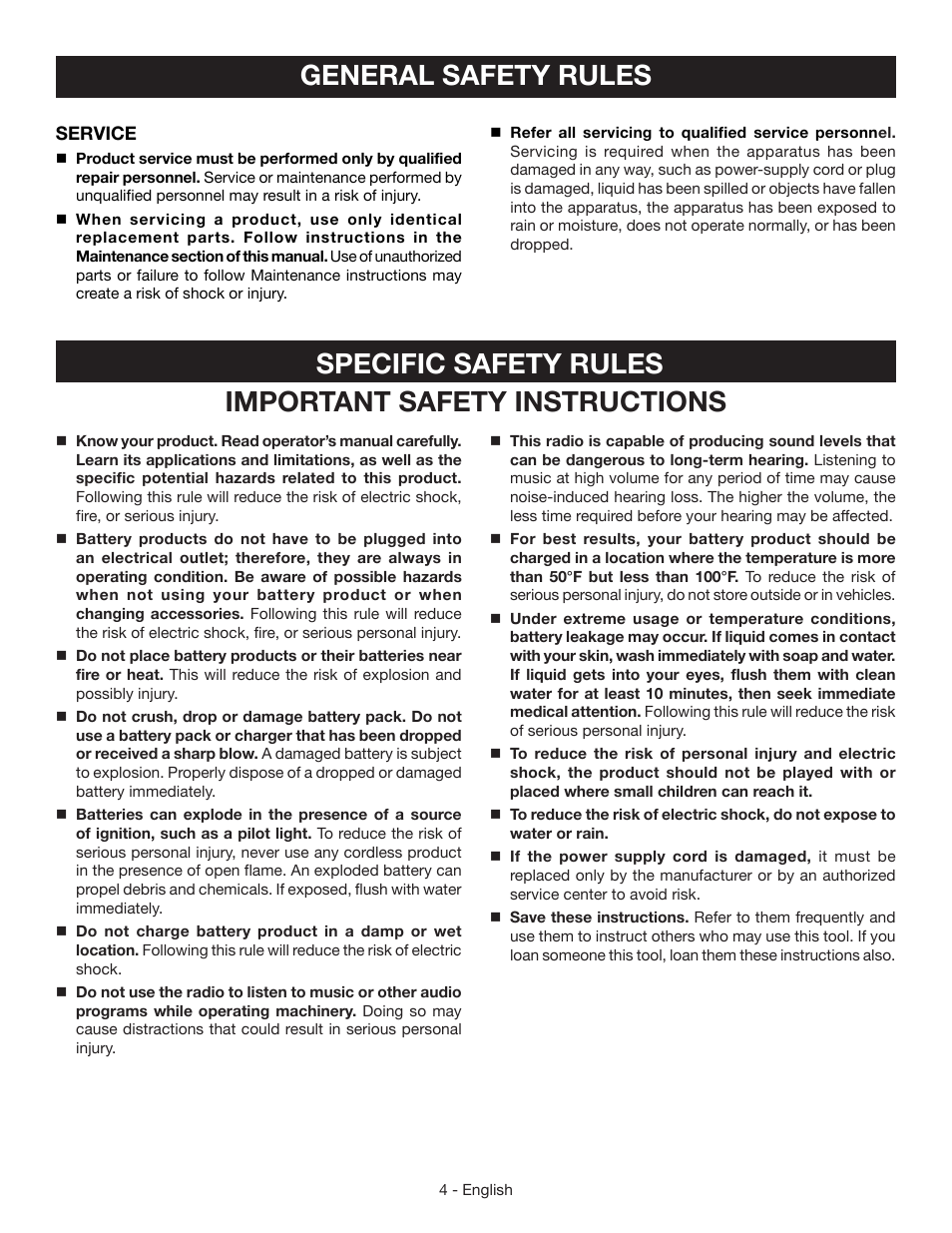 Specific safety rules, Important safety instructions general safety rules | Ryobi P745 User Manual | Page 4 / 44