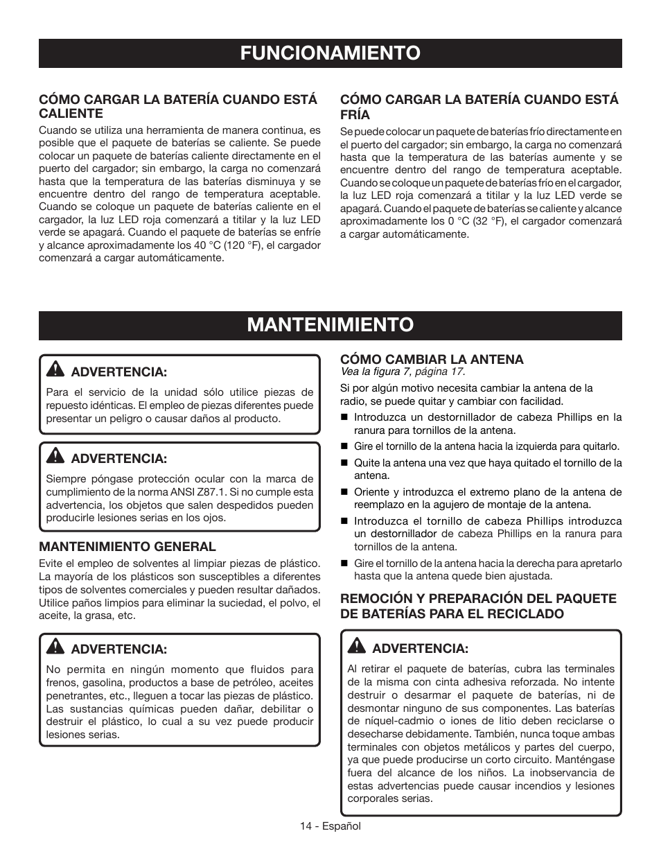 Mantenimiento, Funcionamiento | Ryobi P745 User Manual | Page 40 / 44