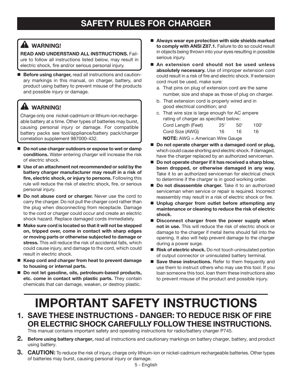 Important safety instructions, Safety rules for charger | Ryobi P745 User Manual | Page 5 / 44