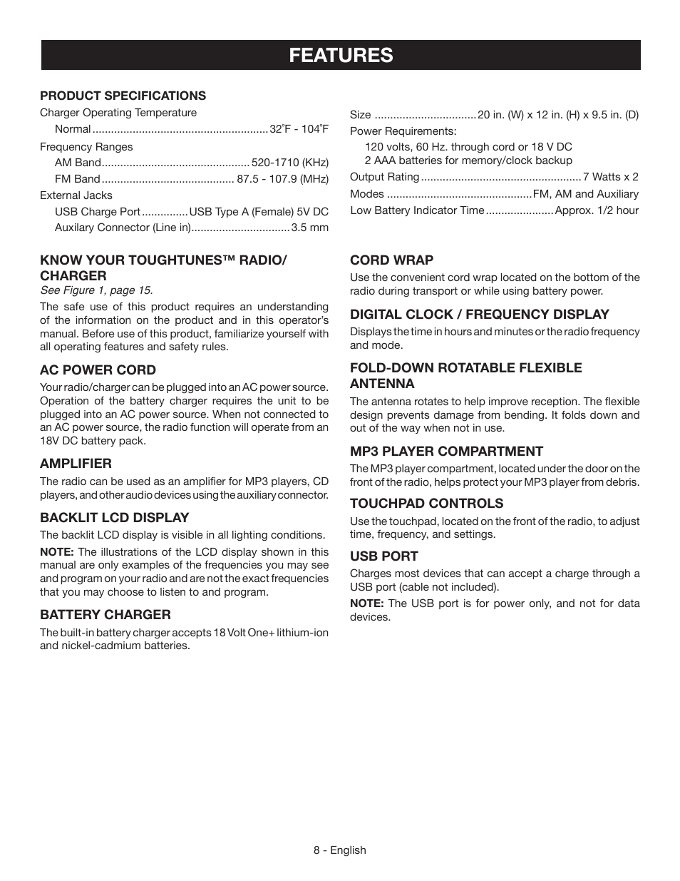 Features | Ryobi P745 User Manual | Page 8 / 44