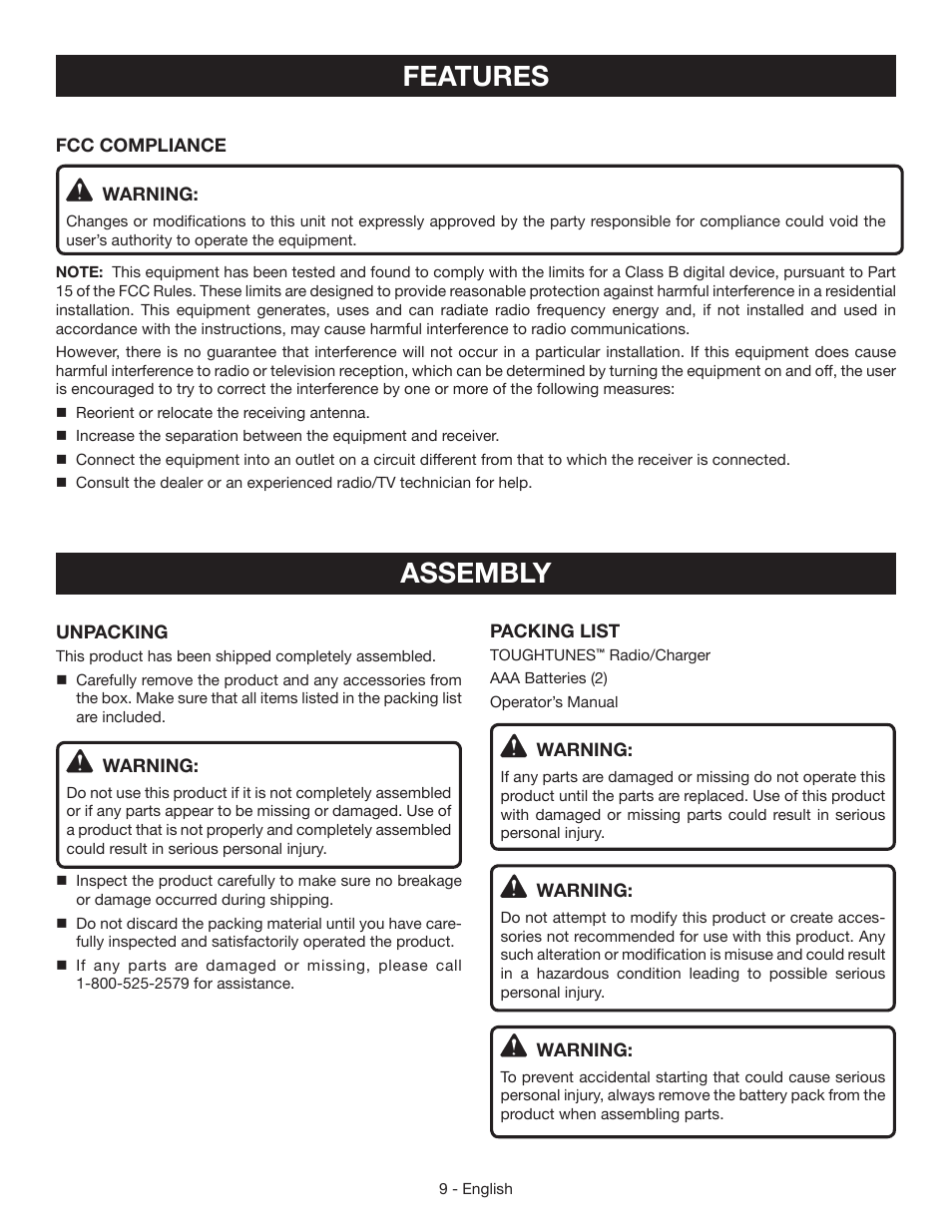 Assembly, Features | Ryobi P745 User Manual | Page 9 / 44