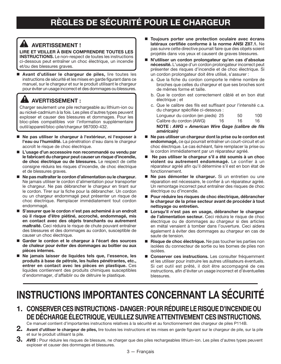 Instructions importantes concernant la sécurité, Règles de sécurité pour le chargeur | Ryobi P114B User Manual | Page 10 / 24