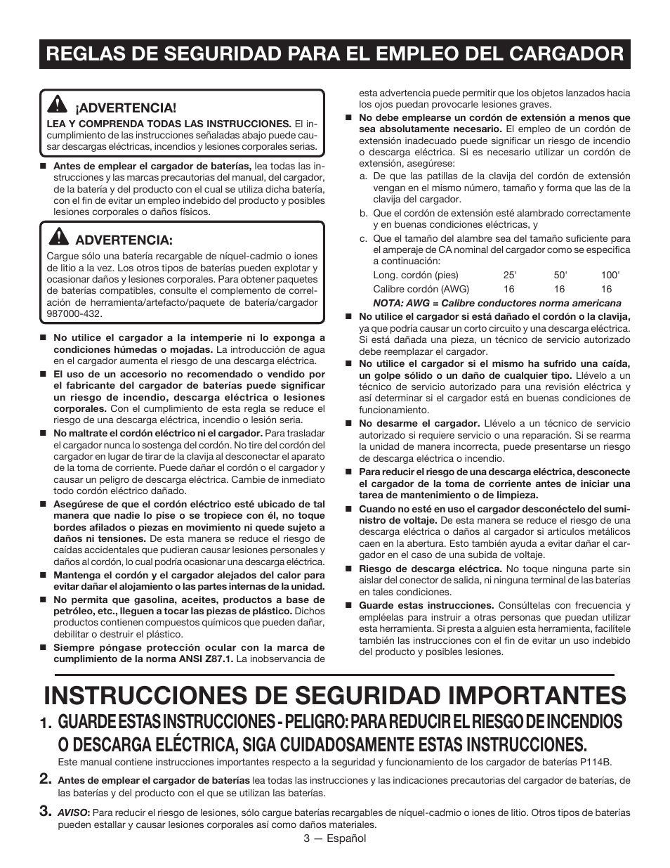 Instrucciones de seguridad importantes, Reglas de seguridad para el empleo del cargador | Ryobi P114B User Manual | Page 17 / 24