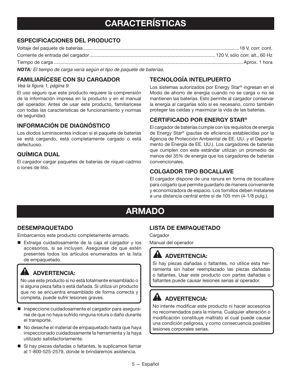 Características, Armado | Ryobi P114B User Manual | Page 19 / 24