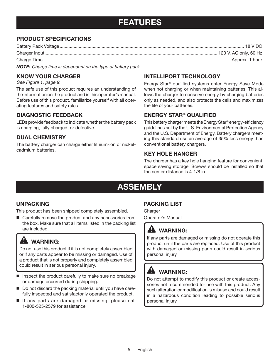 Features, Assembly | Ryobi P114B User Manual | Page 5 / 24