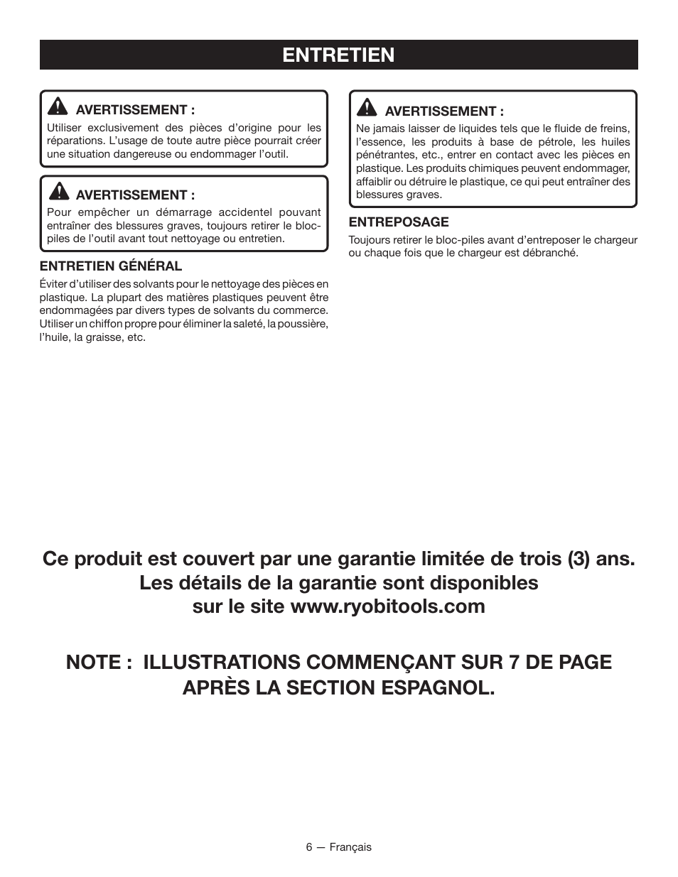 Entretien | Ryobi P118 User Manual | Page 11 / 20