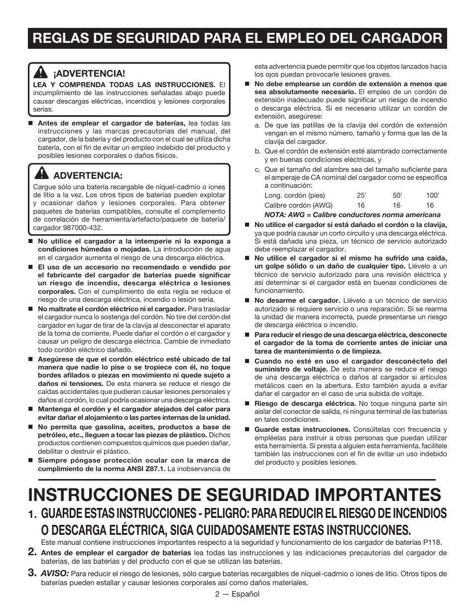 Instrucciones de seguridad importantes, Reglas de seguridad para el empleo del cargador | Ryobi P118 User Manual | Page 12 / 20