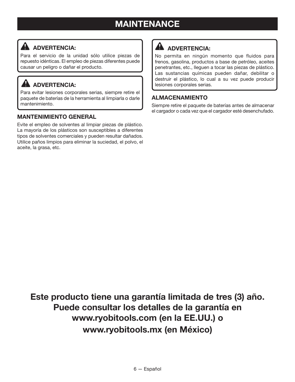 Maintenance | Ryobi P118 User Manual | Page 16 / 20