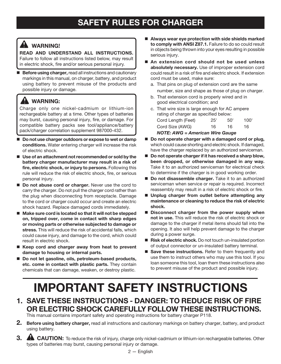 Important safety instructions, Safety rules for charger | Ryobi P118 User Manual | Page 2 / 20