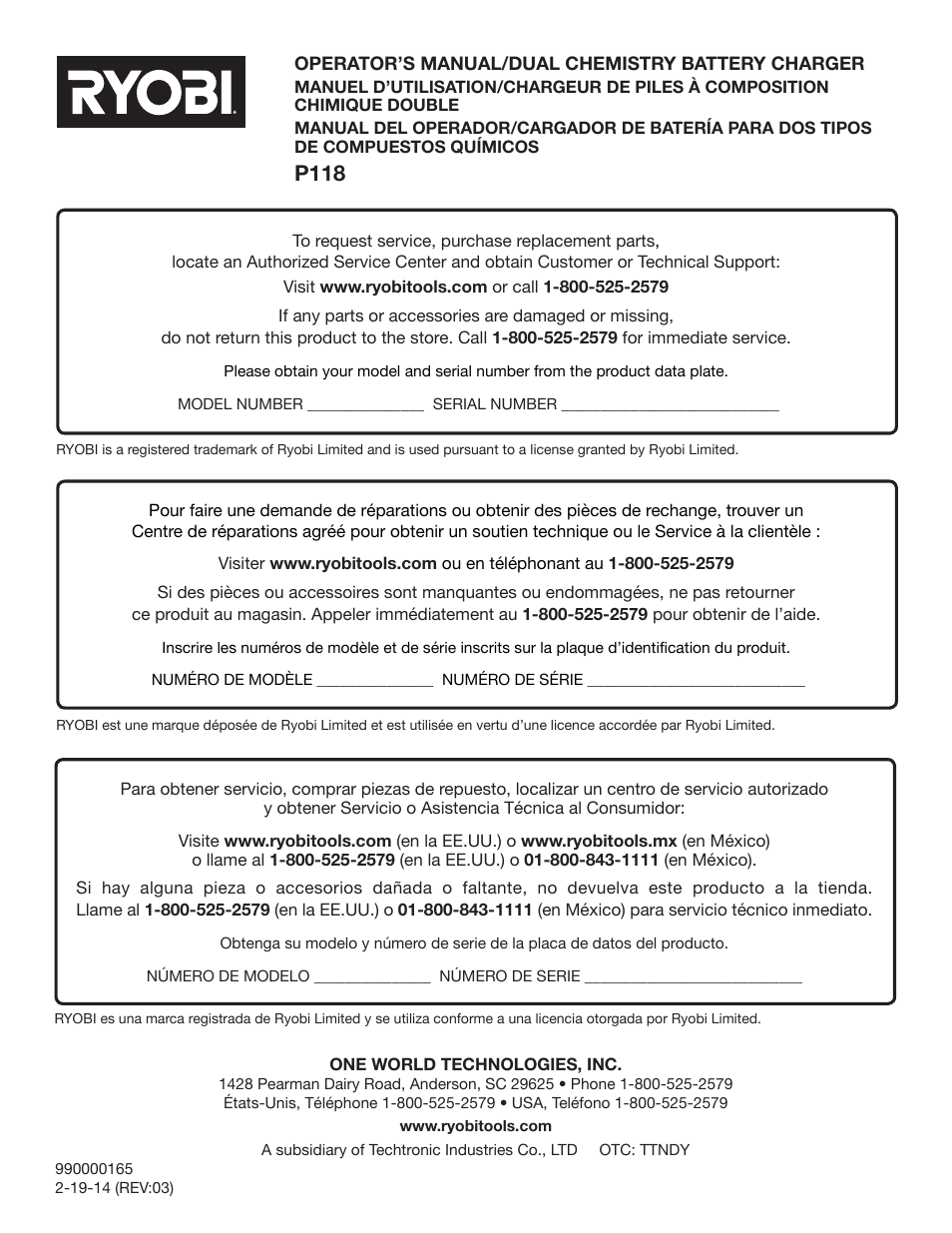 P118 | Ryobi P118 User Manual | Page 20 / 20