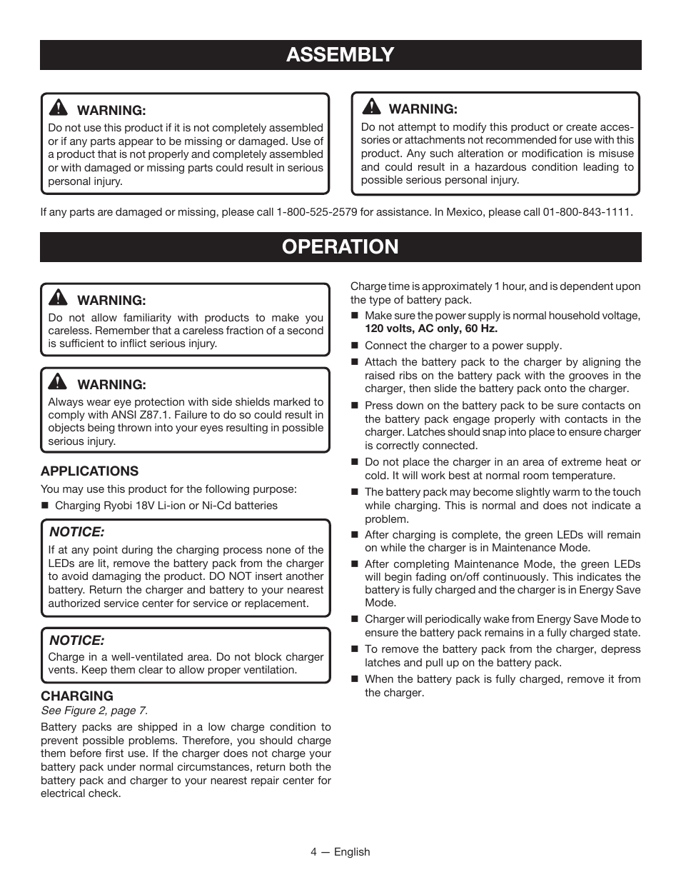 Operation, Assembly | Ryobi P118 User Manual | Page 4 / 20