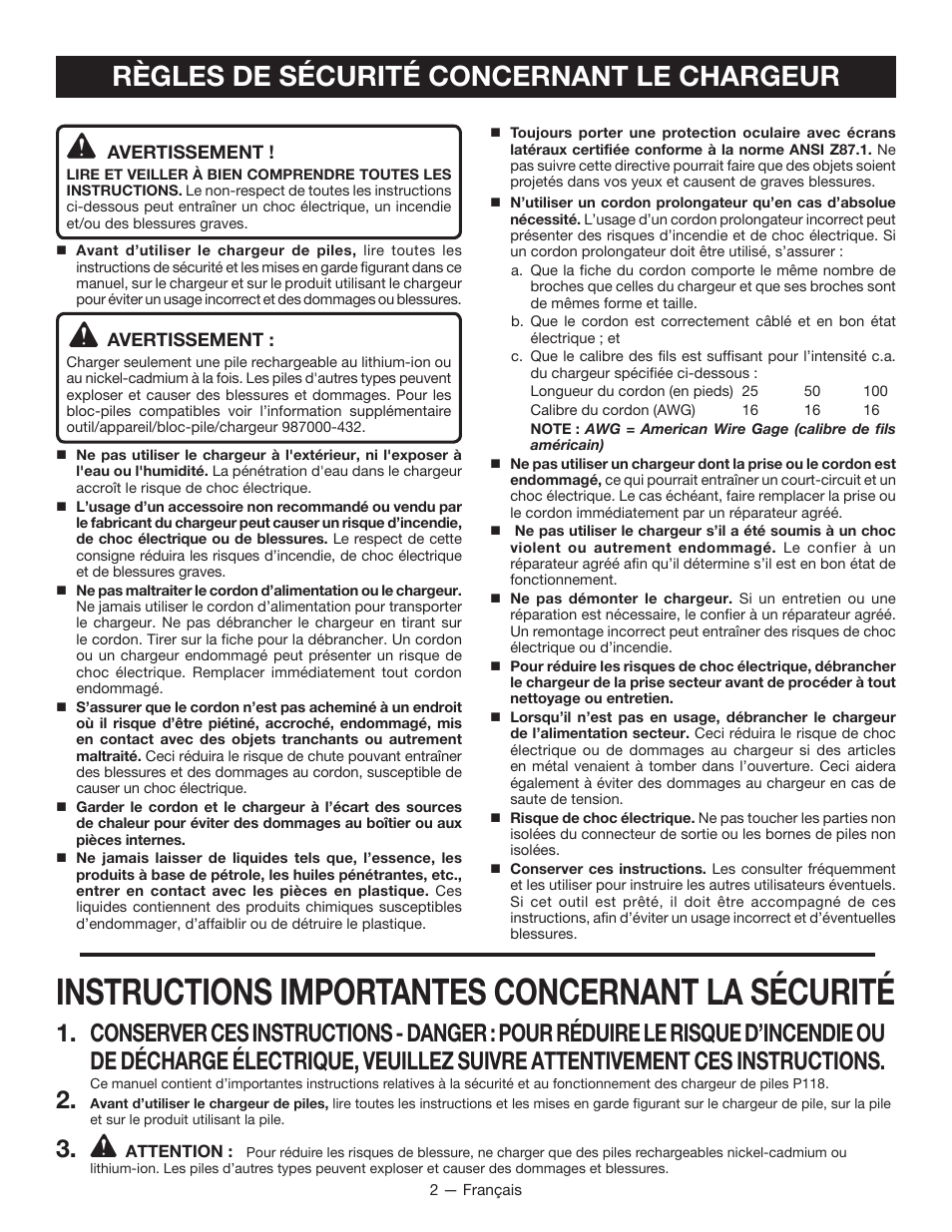 Instructions importantes concernant la sécurité, Règles de sécurité concernant le chargeur | Ryobi P118 User Manual | Page 7 / 20