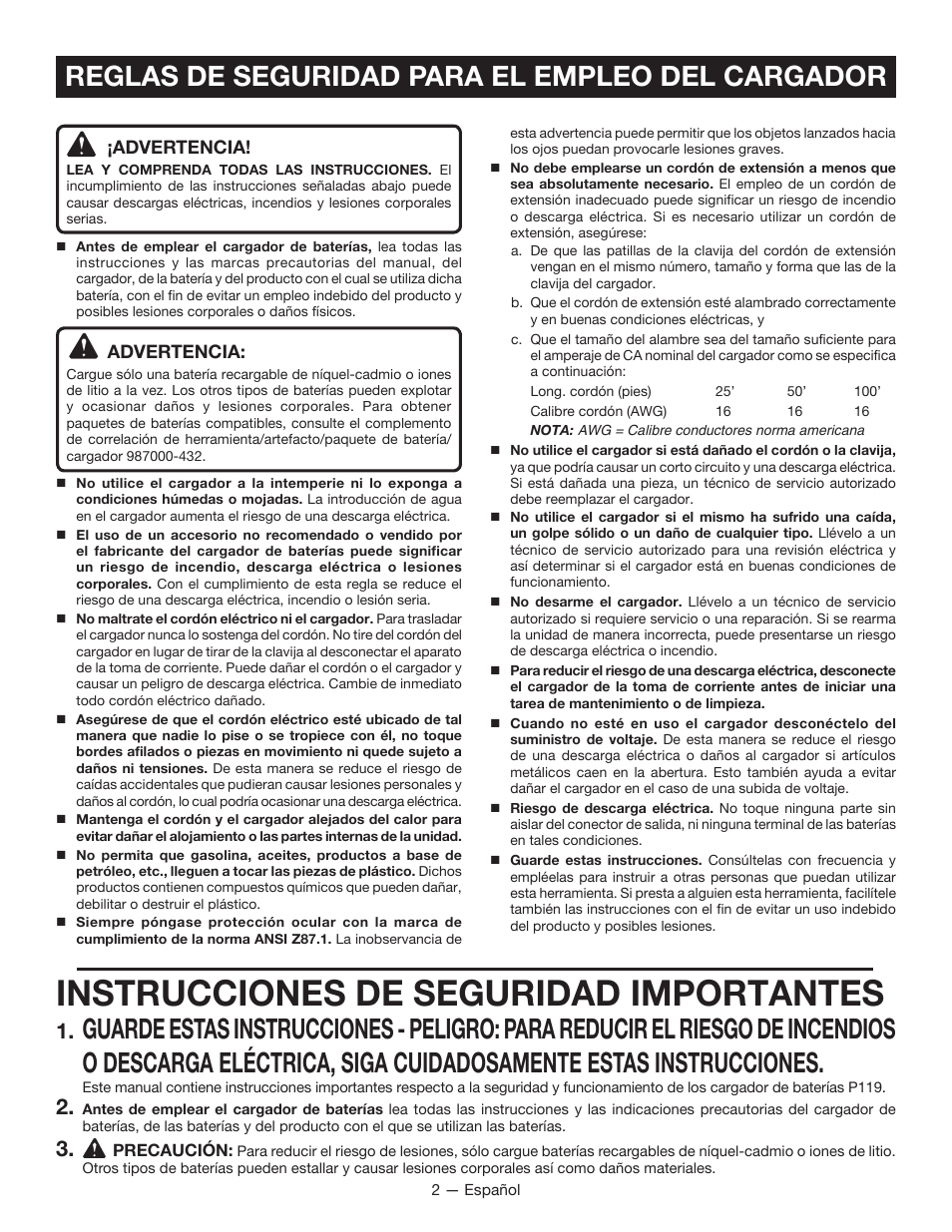 Instrucciones de seguridad importantes, Reglas de seguridad para el empleo del cargador | Ryobi P119 User Manual | Page 10 / 16