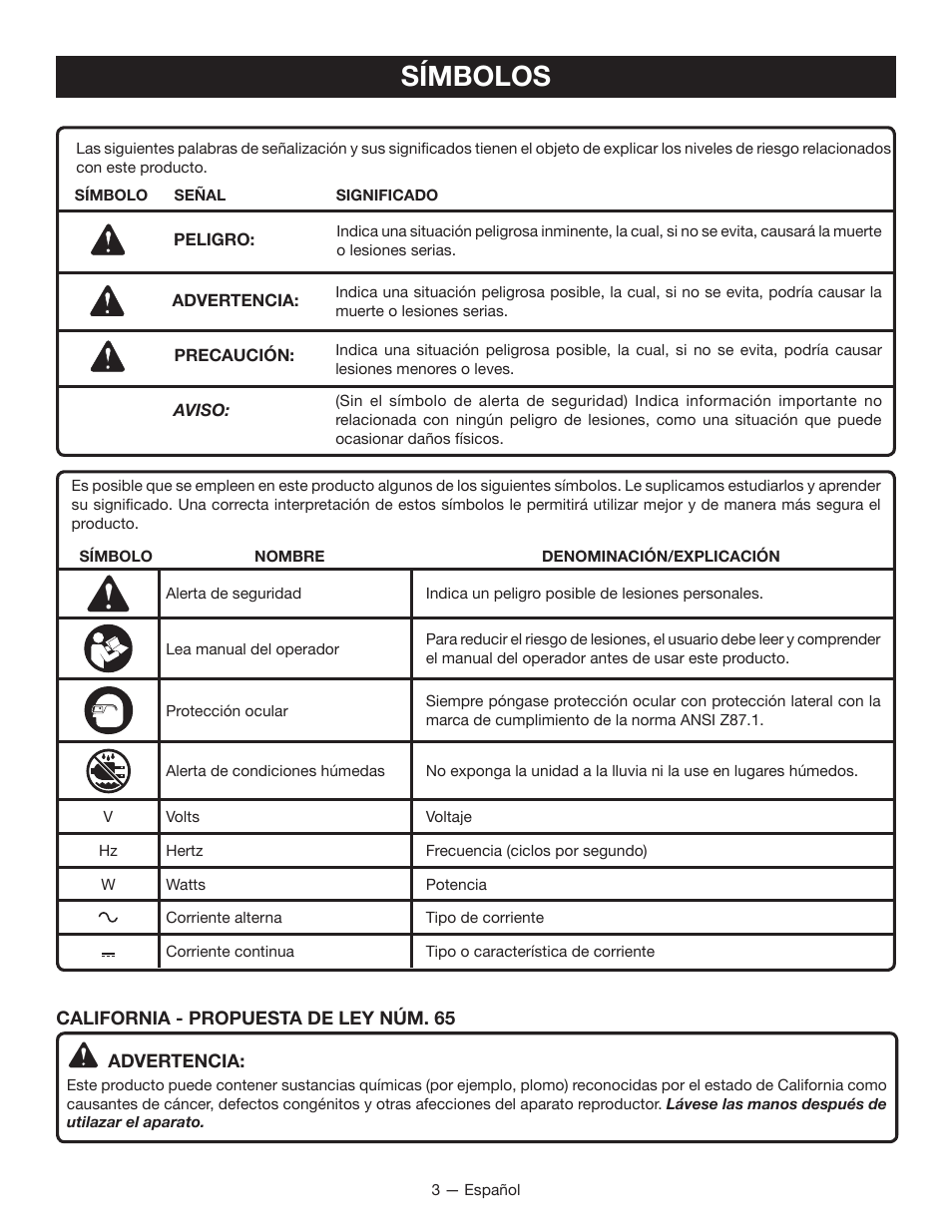 Símbolos | Ryobi P119 User Manual | Page 11 / 16