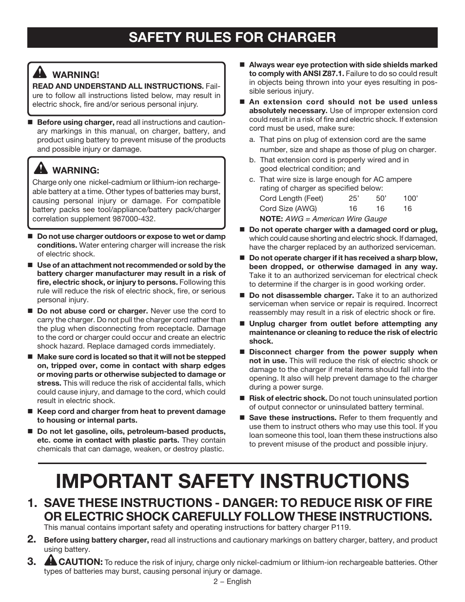 Important safety instructions, Safety rules for charger | Ryobi P119 User Manual | Page 2 / 16