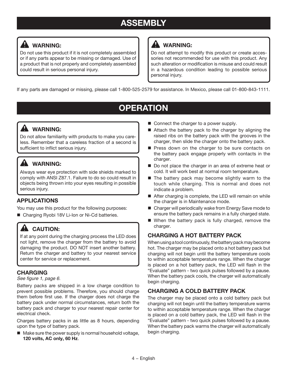 Assembly, Operation | Ryobi P119 User Manual | Page 4 / 16