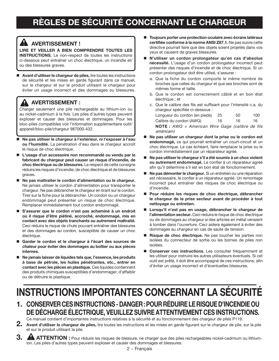 Instructions importantes concernant la sécurité, Règles de sécurité concernant le chargeur | Ryobi P119 User Manual | Page 6 / 16