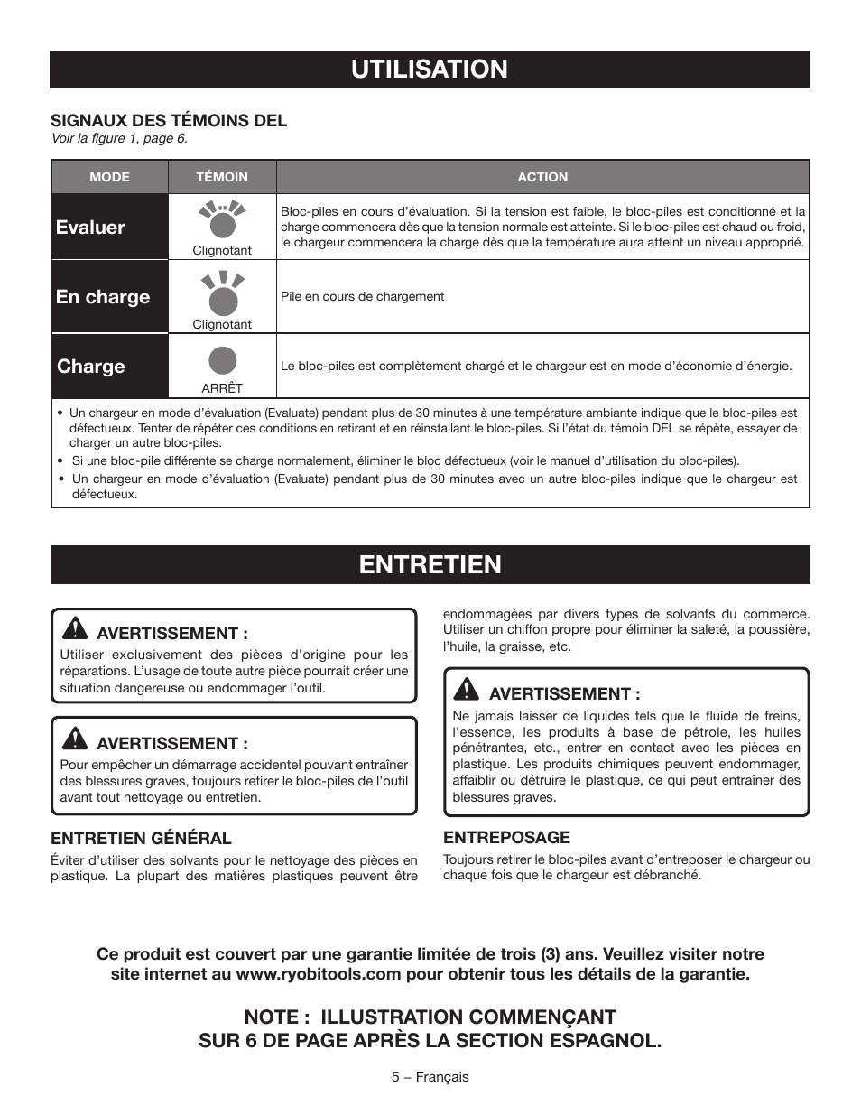 Utilisation entretien, Evaluer, En charge | Charge | Ryobi P119 User Manual | Page 9 / 16