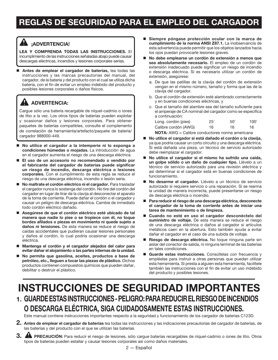 Instrucciones de seguridad importantes, Reglas de seguridad para el empleo del cargador | Ryobi C123D User Manual | Page 10 / 16