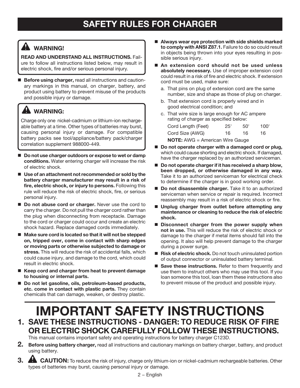 Important safety instructions, Safety rules for charger | Ryobi C123D User Manual | Page 2 / 16