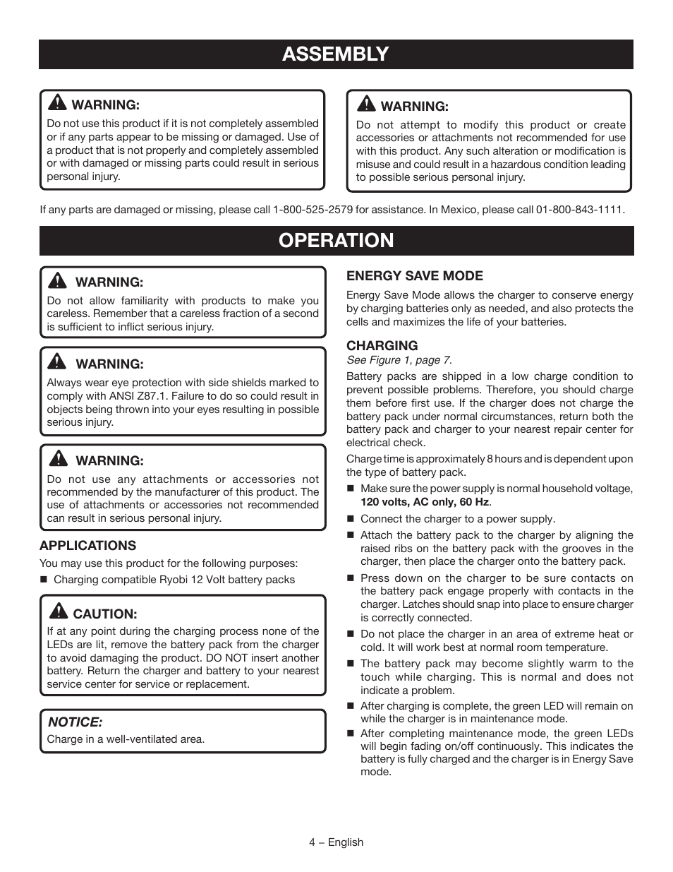 Operation, Assembly | Ryobi C123D User Manual | Page 4 / 16