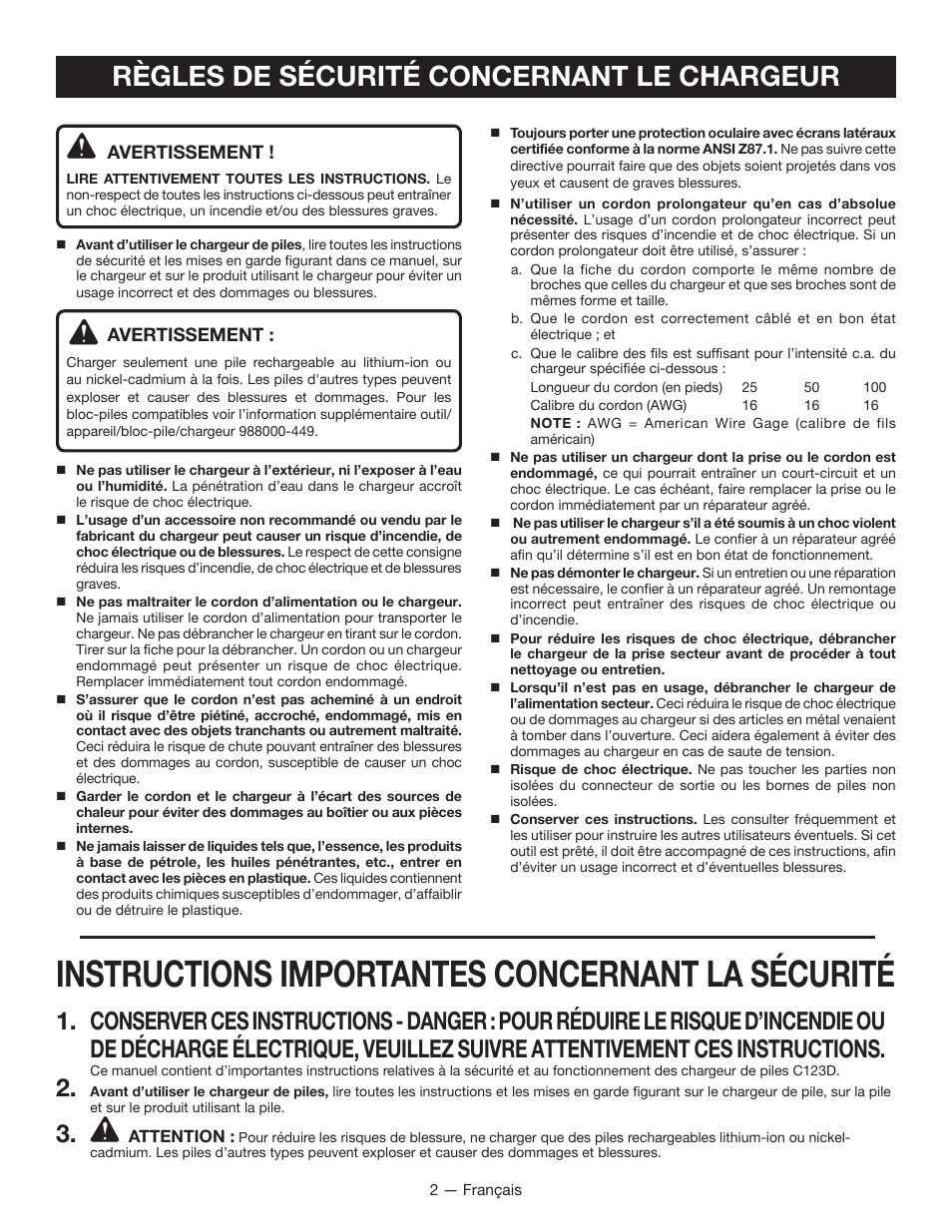 Instructions importantes concernant la sécurité, Règles de sécurité concernant le chargeur | Ryobi C123D User Manual | Page 6 / 16