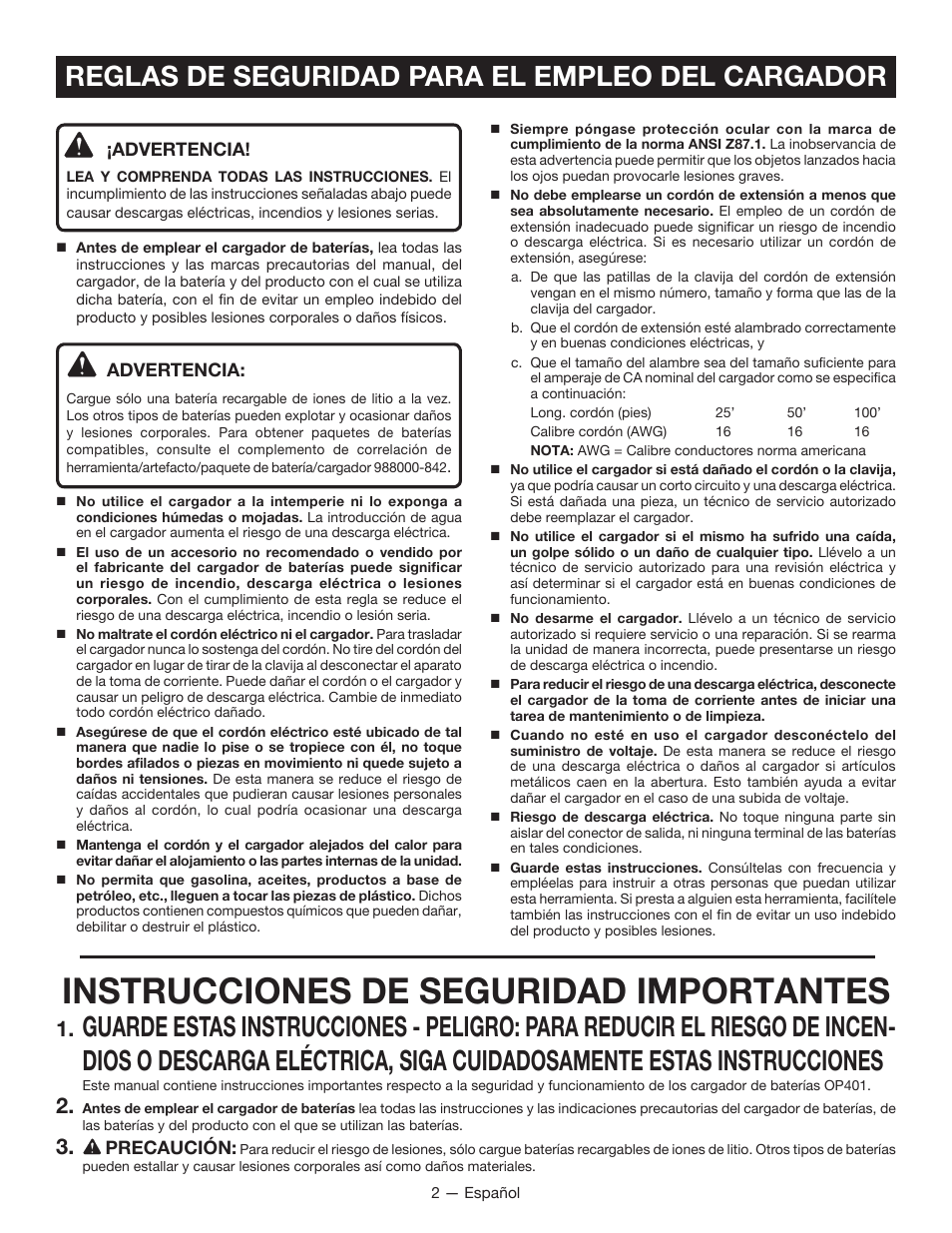 Instrucciones de seguridad importantes, Reglas de seguridad para el empleo del cargador | Ryobi OP401 User Manual | Page 10 / 16