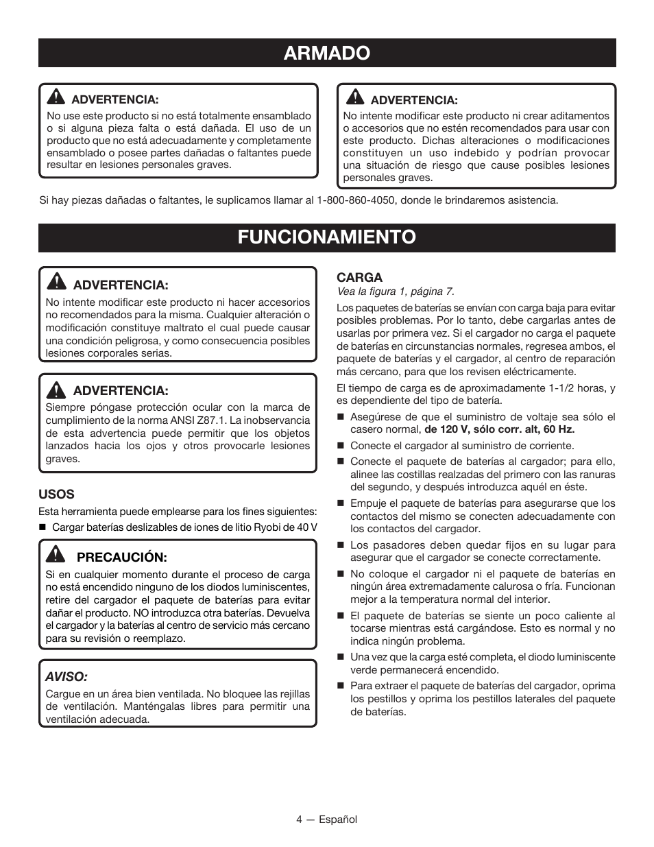 Funcionamiento, Armado | Ryobi OP401 User Manual | Page 12 / 16