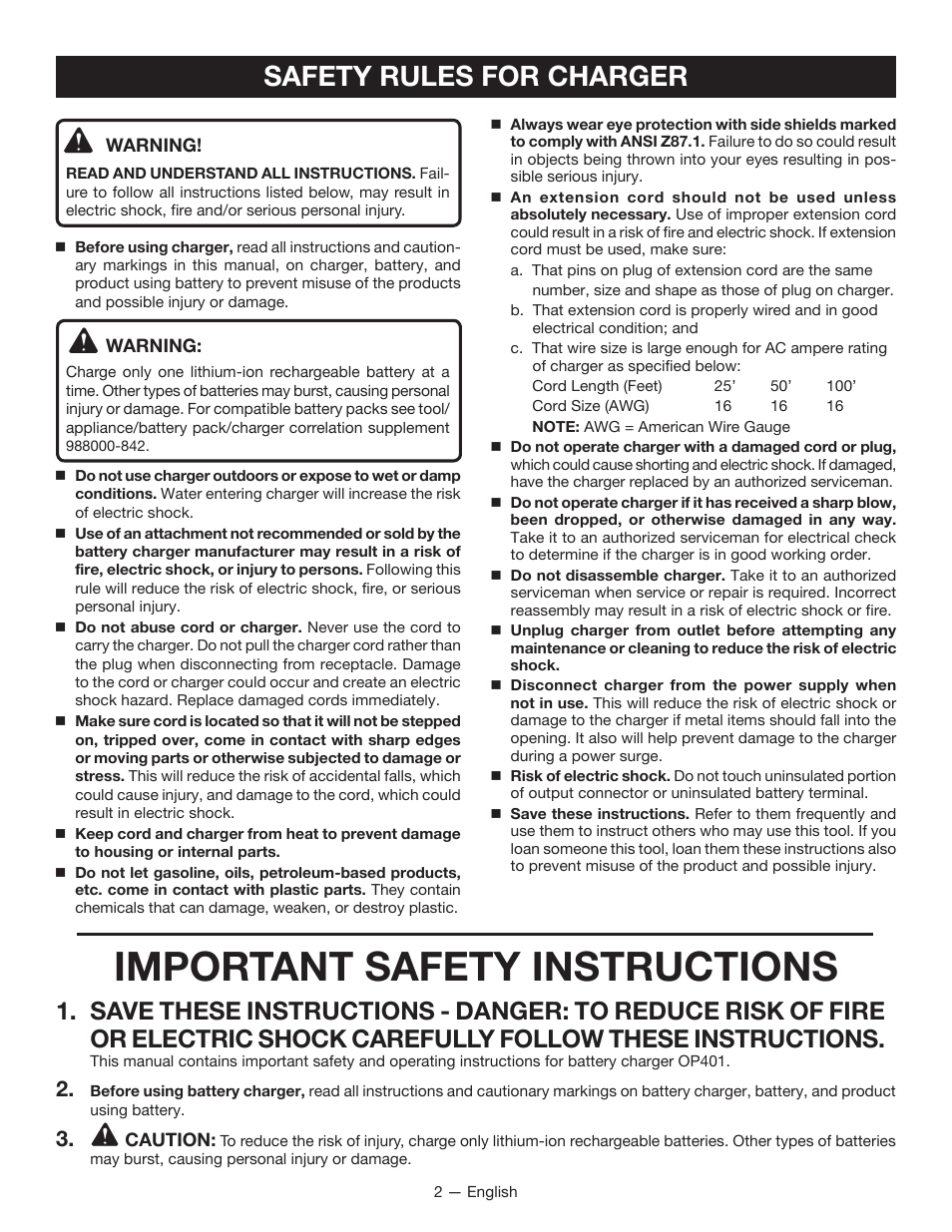 Important safety instructions, Safety rules for charger | Ryobi OP401 User Manual | Page 2 / 16