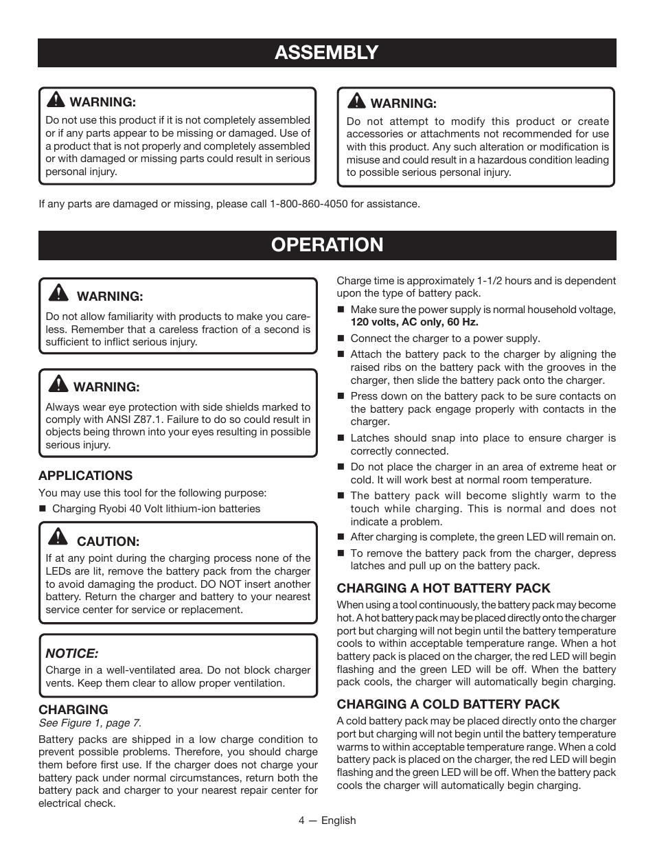 Operation, Assembly | Ryobi OP401 User Manual | Page 4 / 16