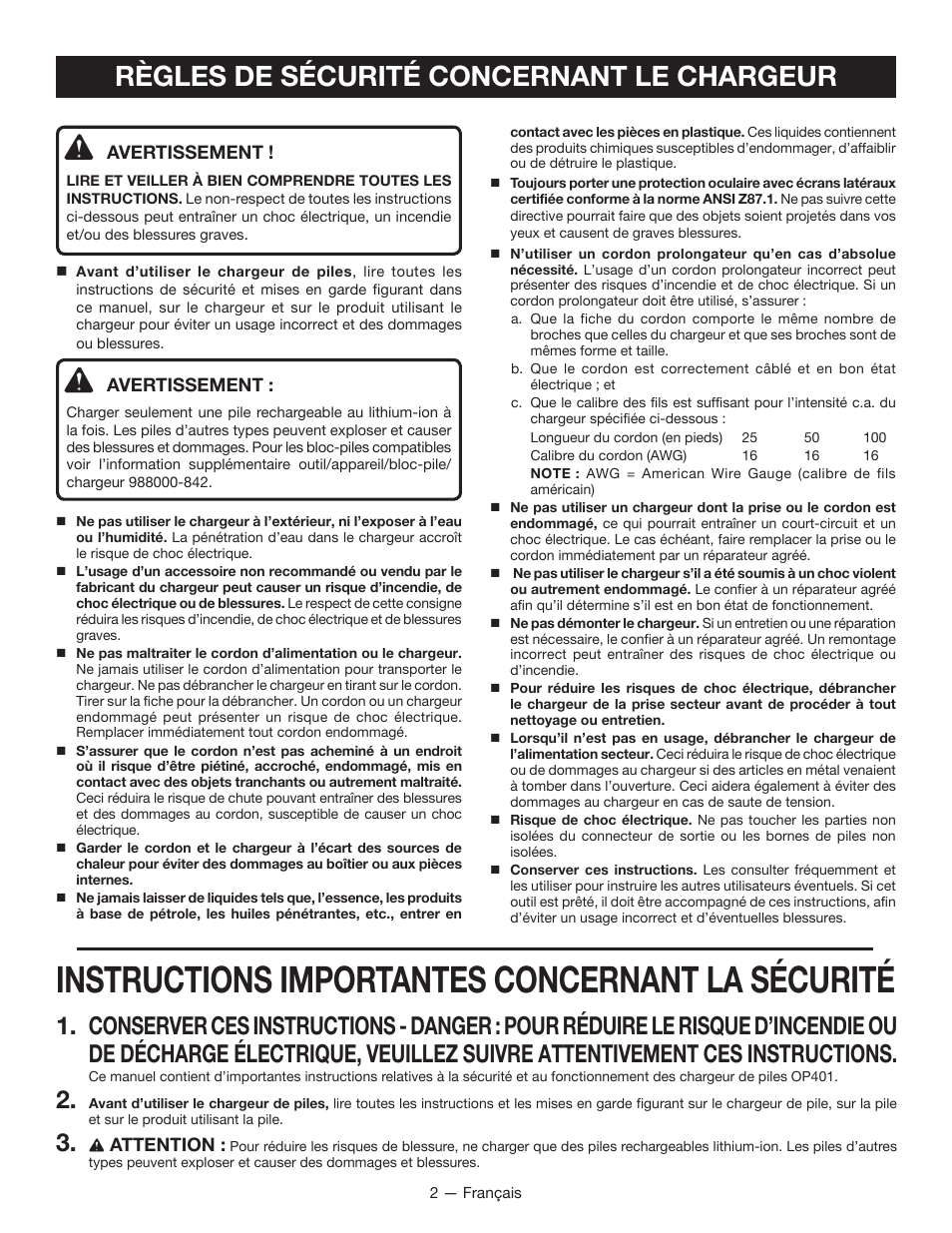 Instructions importantes concernant la sécurité, Règles de sécurité concernant le chargeur | Ryobi OP401 User Manual | Page 6 / 16