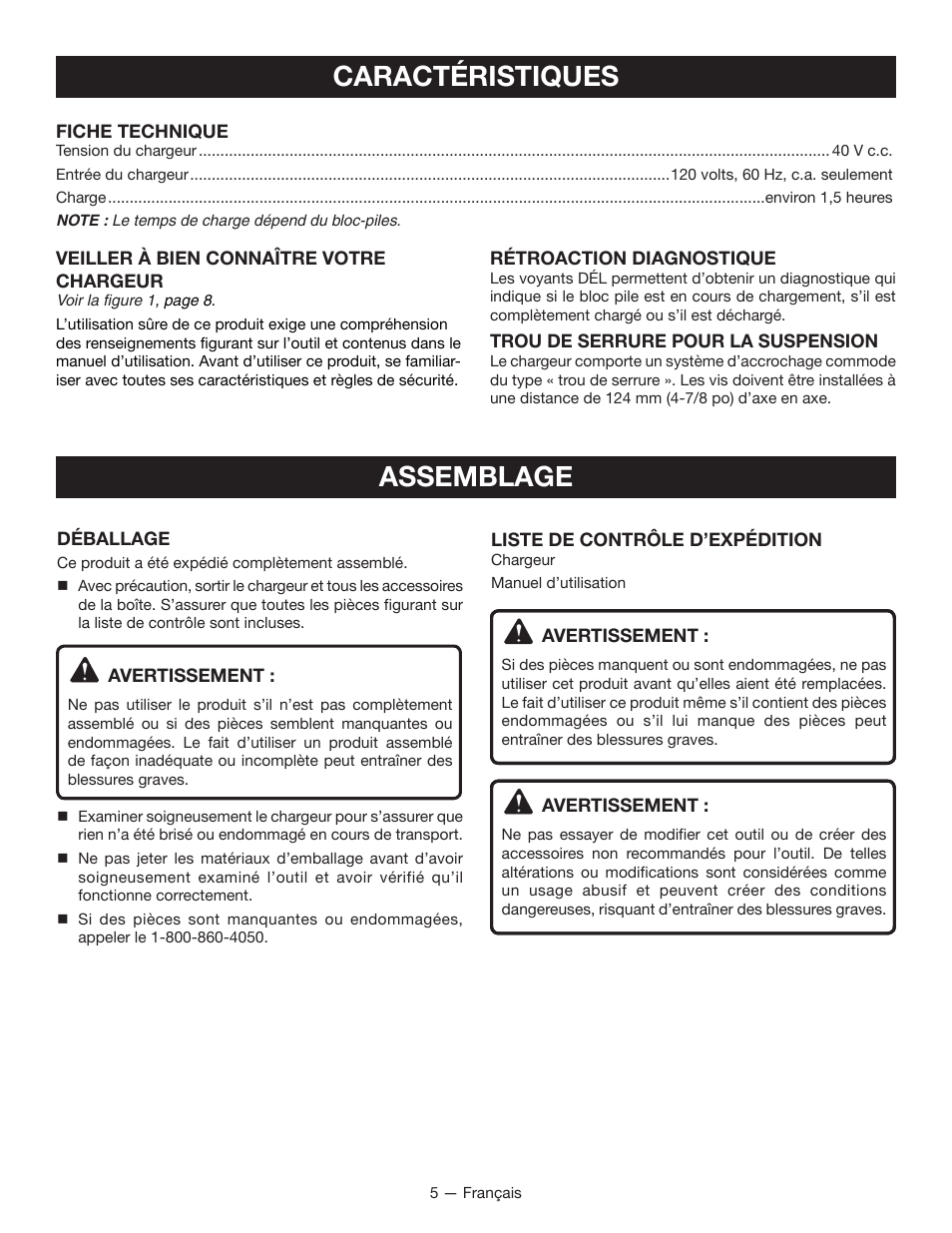 Caractéristiques assemblage | Ryobi OP400 User Manual | Page 11 / 24