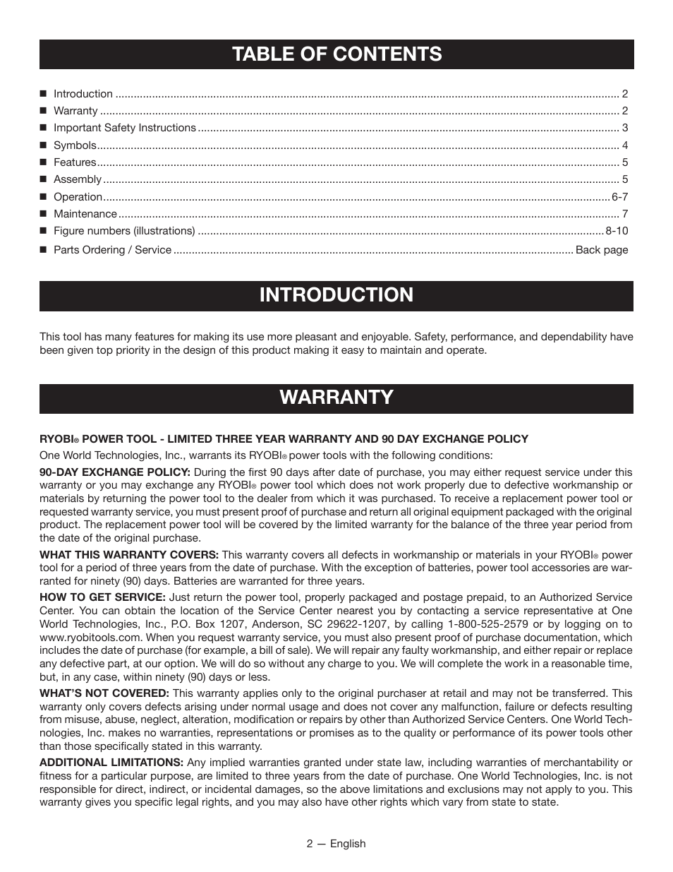 Table of contents introduction, Warranty | Ryobi OP400 User Manual | Page 2 / 24