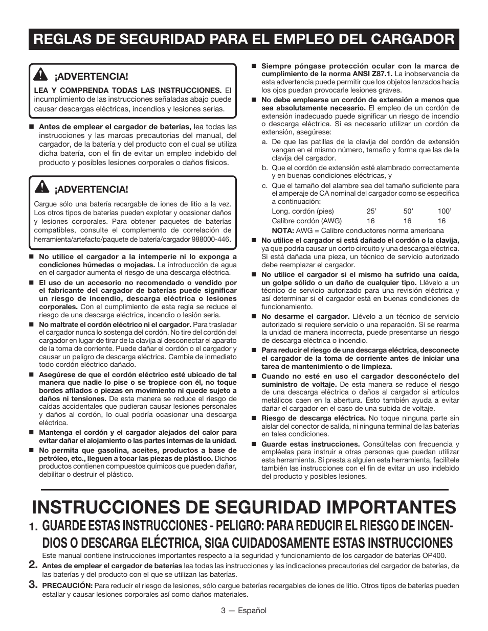 Instrucciones de seguridad importantes, Reglas de seguridad para el empleo del cargador | Ryobi OP400 User Manual | Page 20 / 24