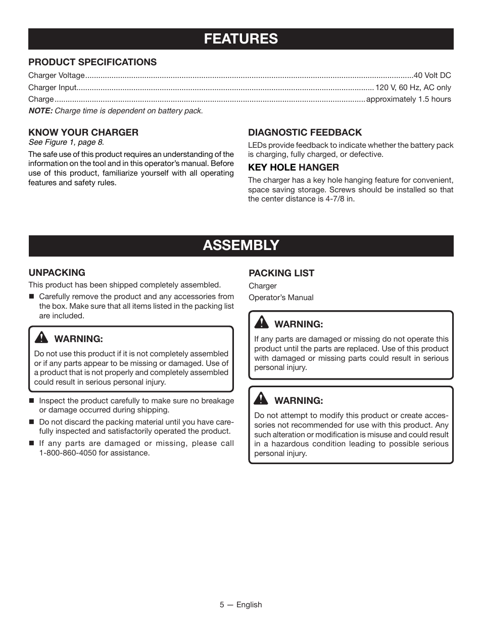 Features assembly | Ryobi OP400 User Manual | Page 5 / 24