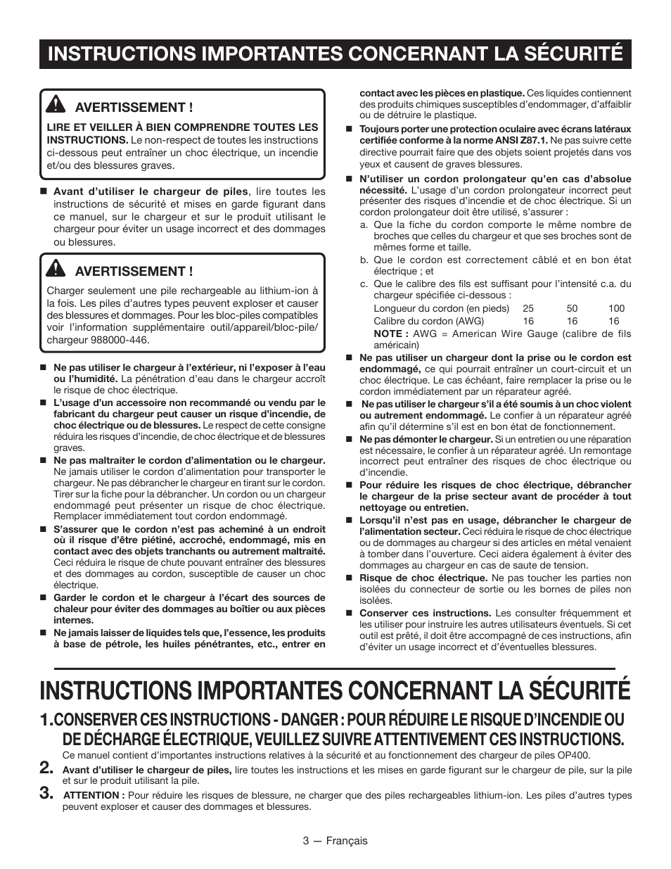 Instructions importantes concernant la sécurité | Ryobi OP400 User Manual | Page 9 / 24