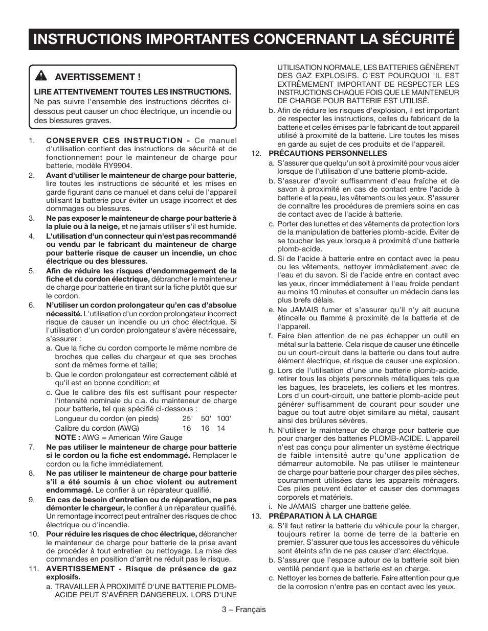 Instructions importantes concernant la sécurité, Avertissement | Ryobi RY9904 User Manual | Page 15 / 34