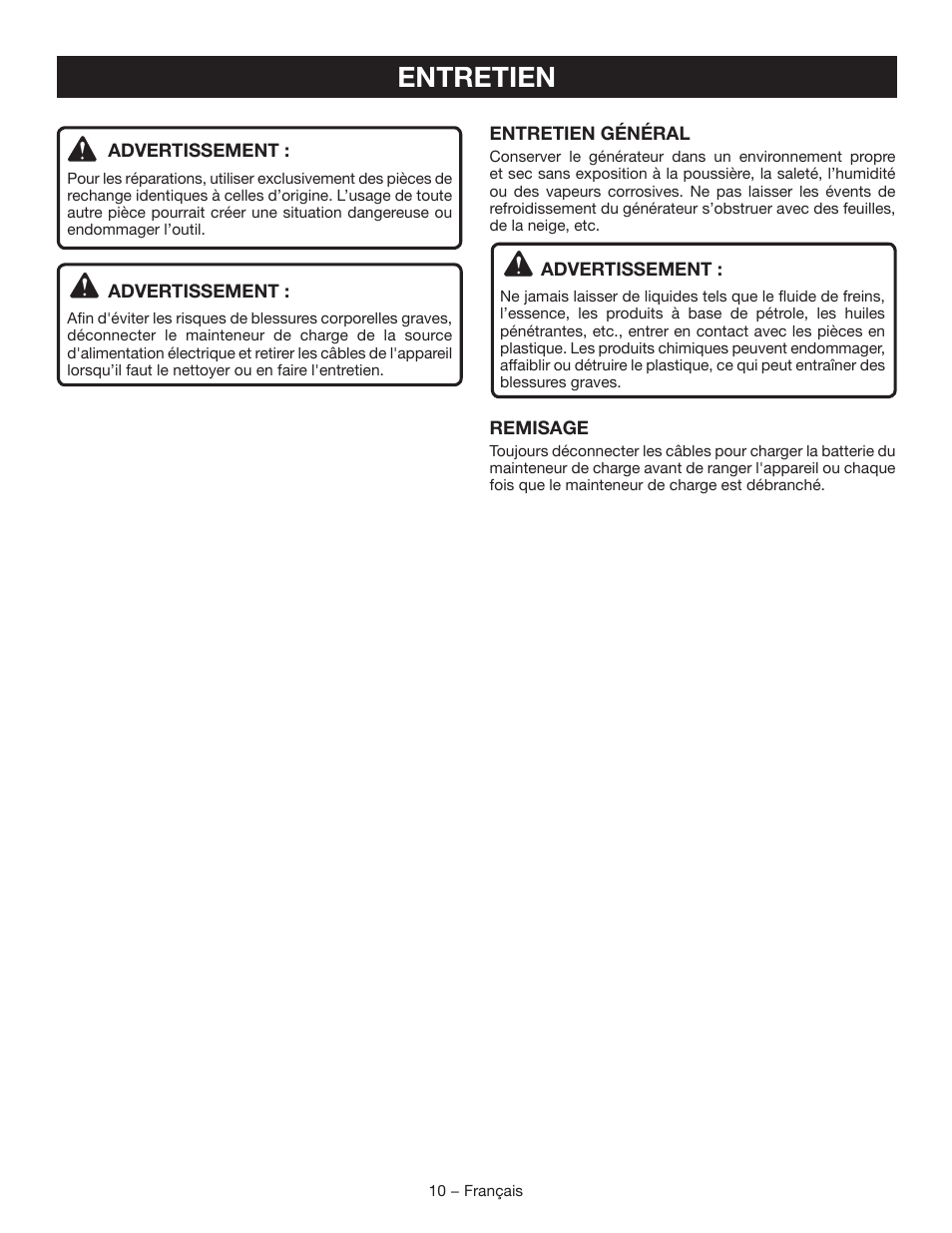 Entretien | Ryobi RY9904 User Manual | Page 22 / 34