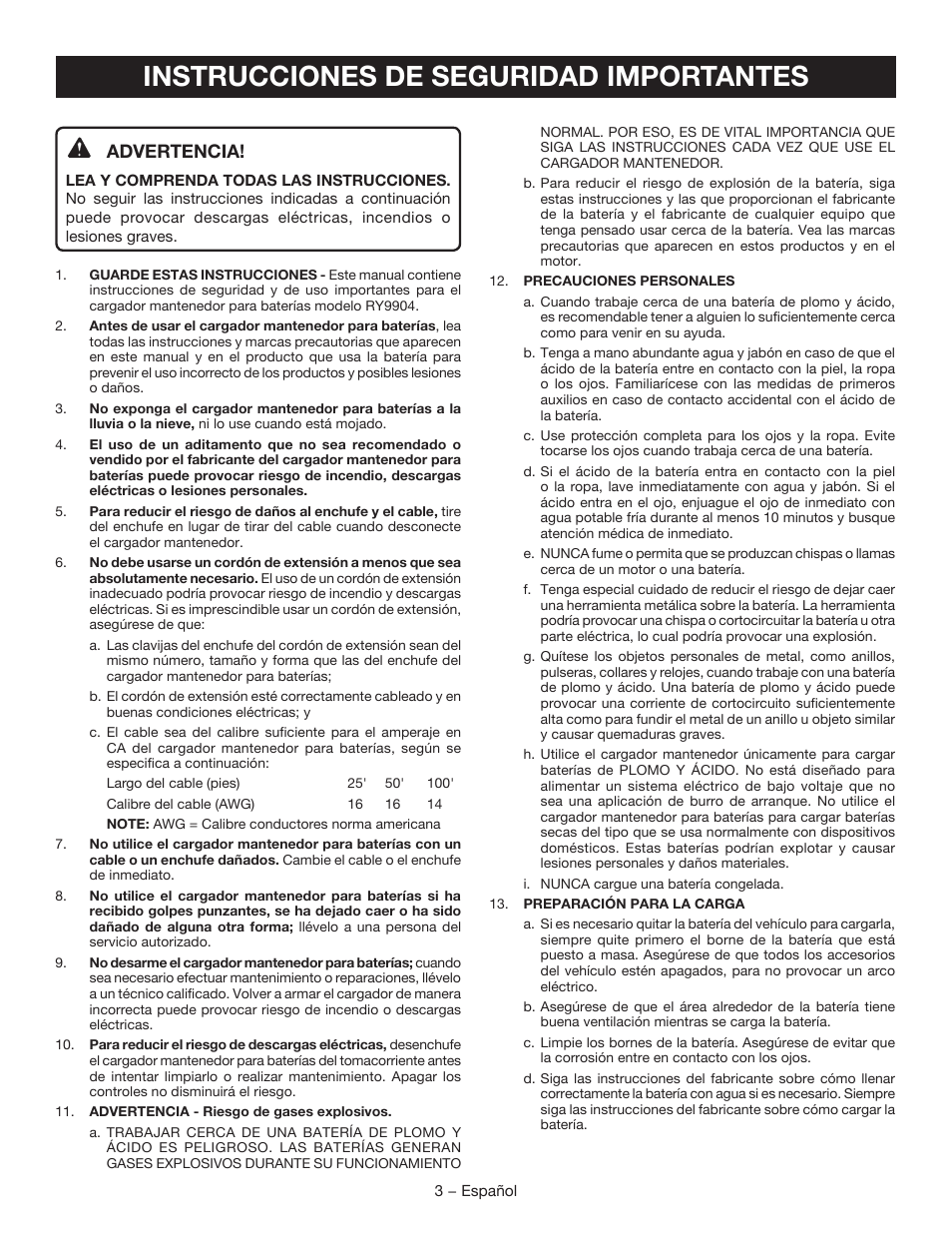 Instrucciones de seguridad importantes, Advertencia | Ryobi RY9904 User Manual | Page 25 / 34