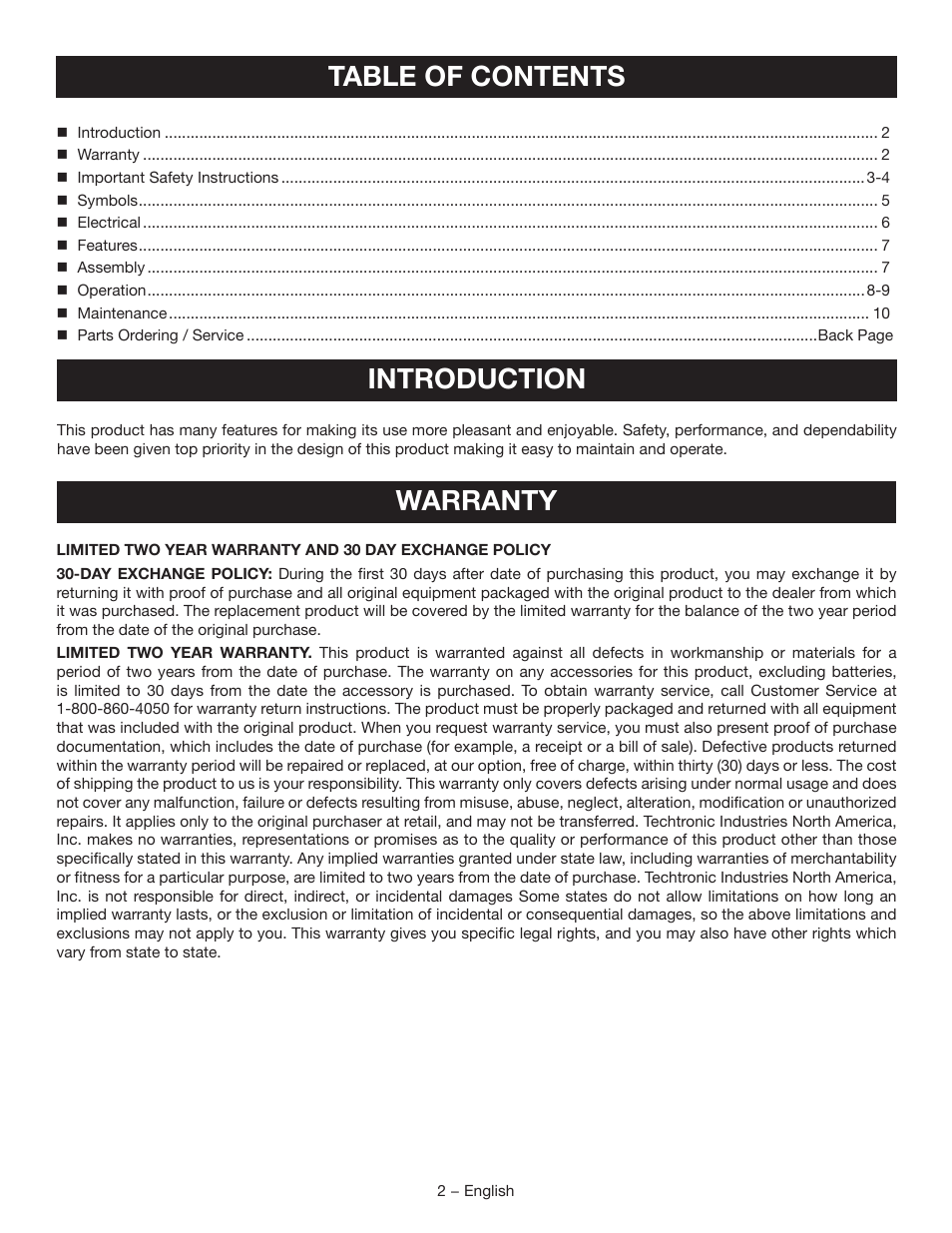 Table of contents introduction, Warranty | Ryobi RY9904 User Manual | Page 4 / 34