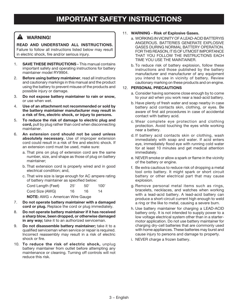 Important safety instructions | Ryobi RY9904 User Manual | Page 5 / 34