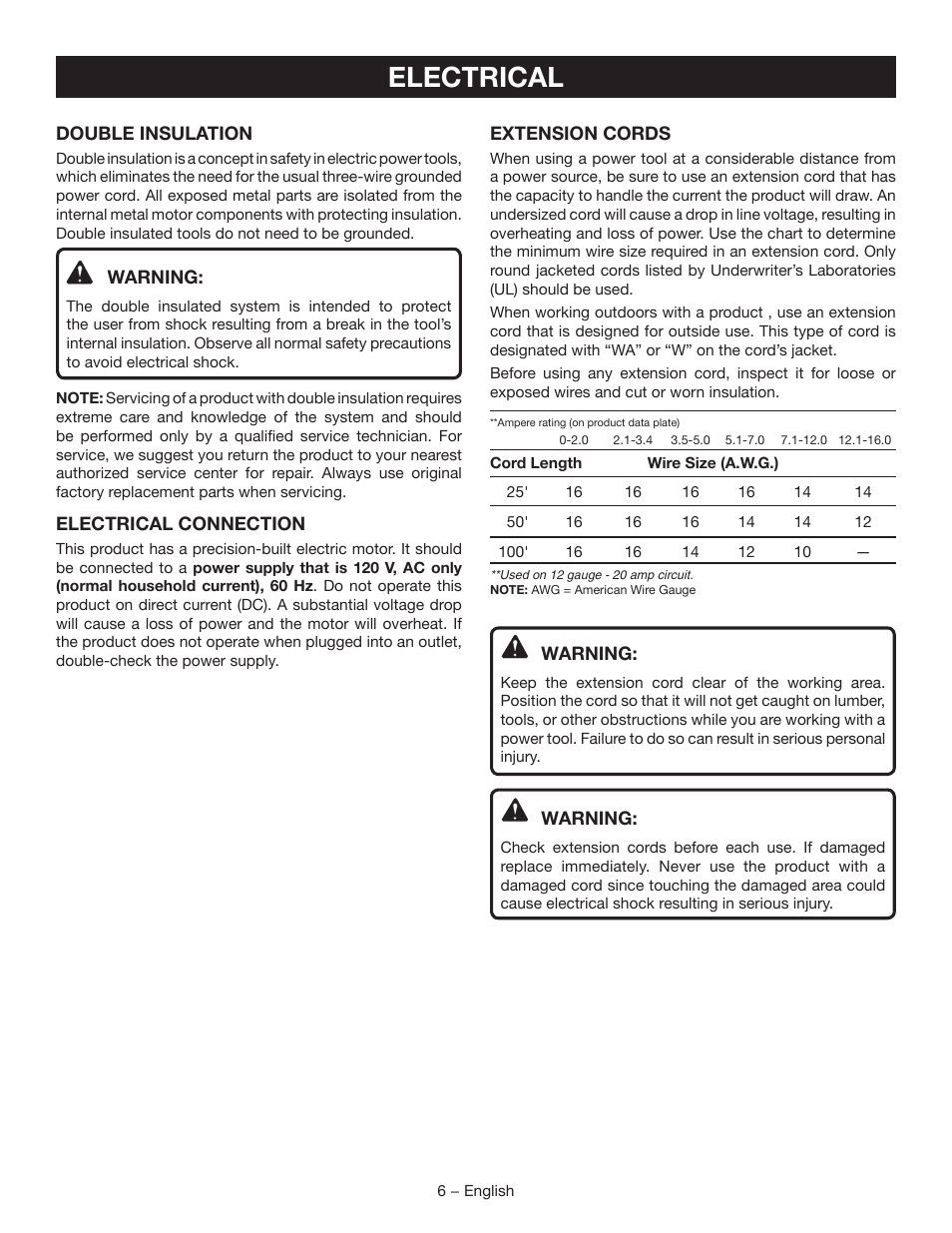 Electrical | Ryobi RY9904 User Manual | Page 8 / 34