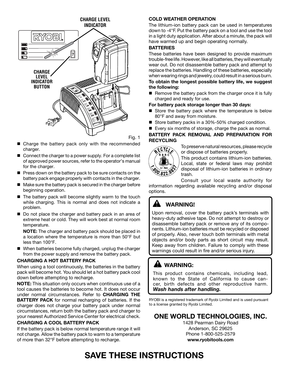 Save these instructions, One world technologies, inc, Warning | Ryobi OP241 User Manual | Page 2 / 6