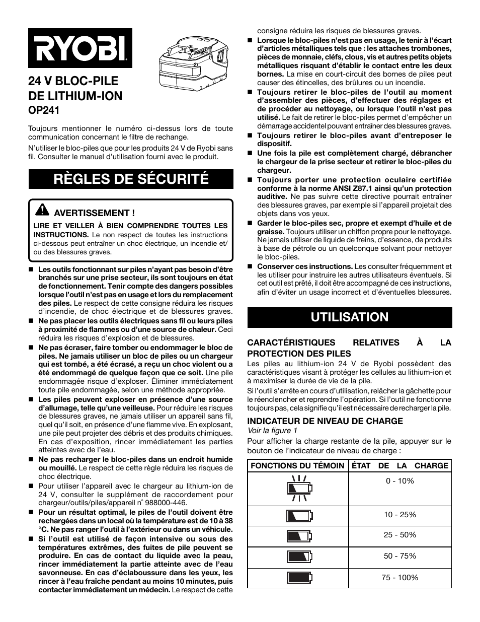 Règles de sécurité, Utilisation 24 v bloc-pile de lithium-ion, Op241 | Ryobi OP241 User Manual | Page 3 / 6