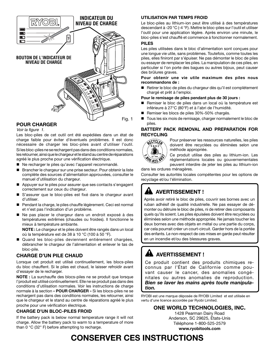 Conserver ces instructions, Avertissement, One world technologies, inc | Ryobi OP241 User Manual | Page 4 / 6