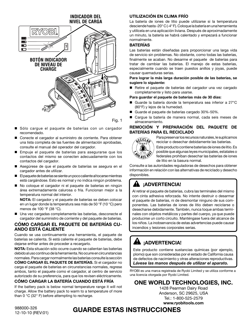 Guarde estas instrucciones, One world technologies, inc, Advertencia | Ryobi OP241 User Manual | Page 6 / 6